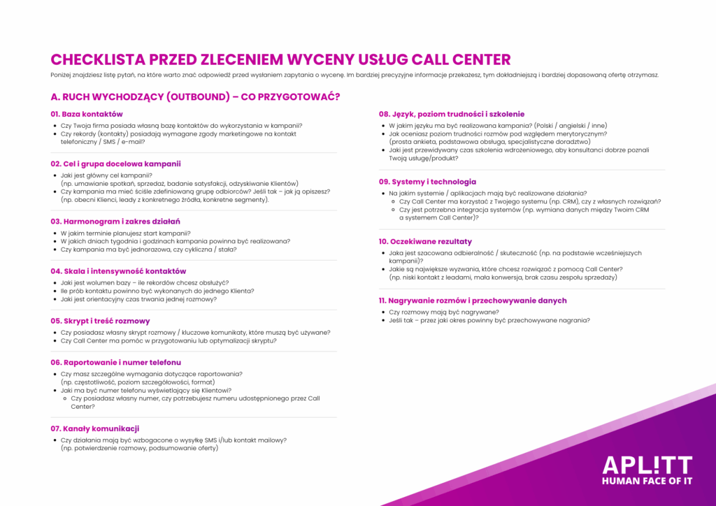 Wycena usług call center (ruch wychodzący) - checklista