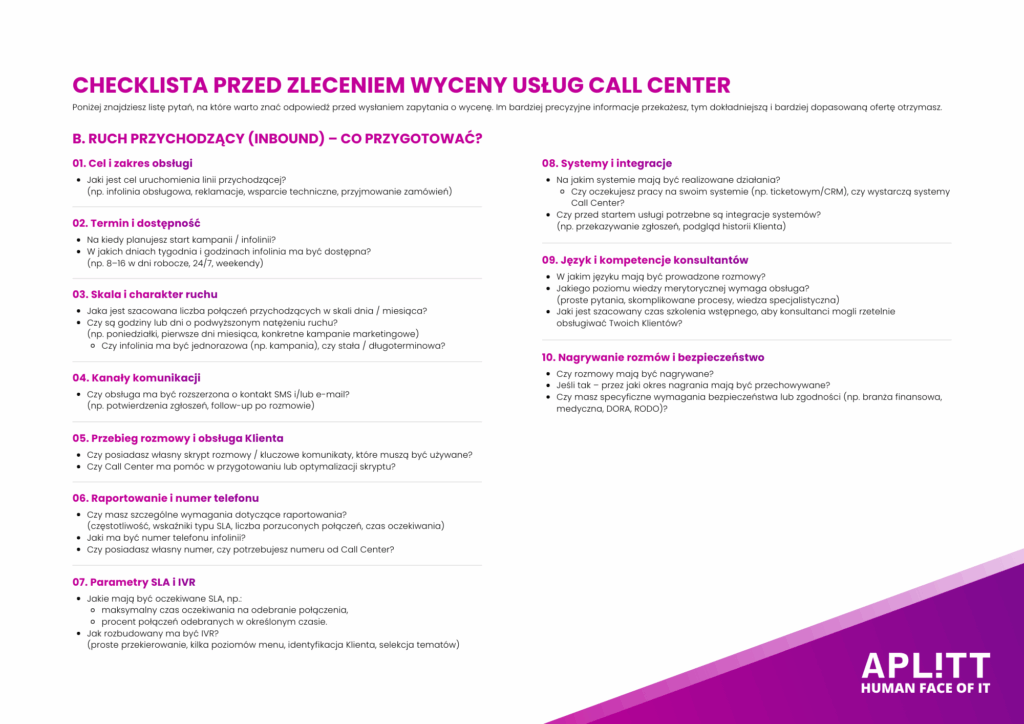 Wycena usług call center (ruch przychodzący) - checklista